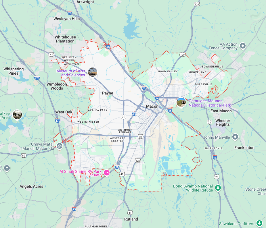 Tree service area map covering Forsyth, Macon, Barnesville, Jackson and Gray Georgia